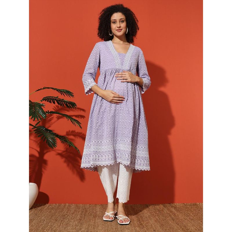 Angloindu Purple Embroidered Kurta with White Maternity Pyjama (Set of 2) (S)