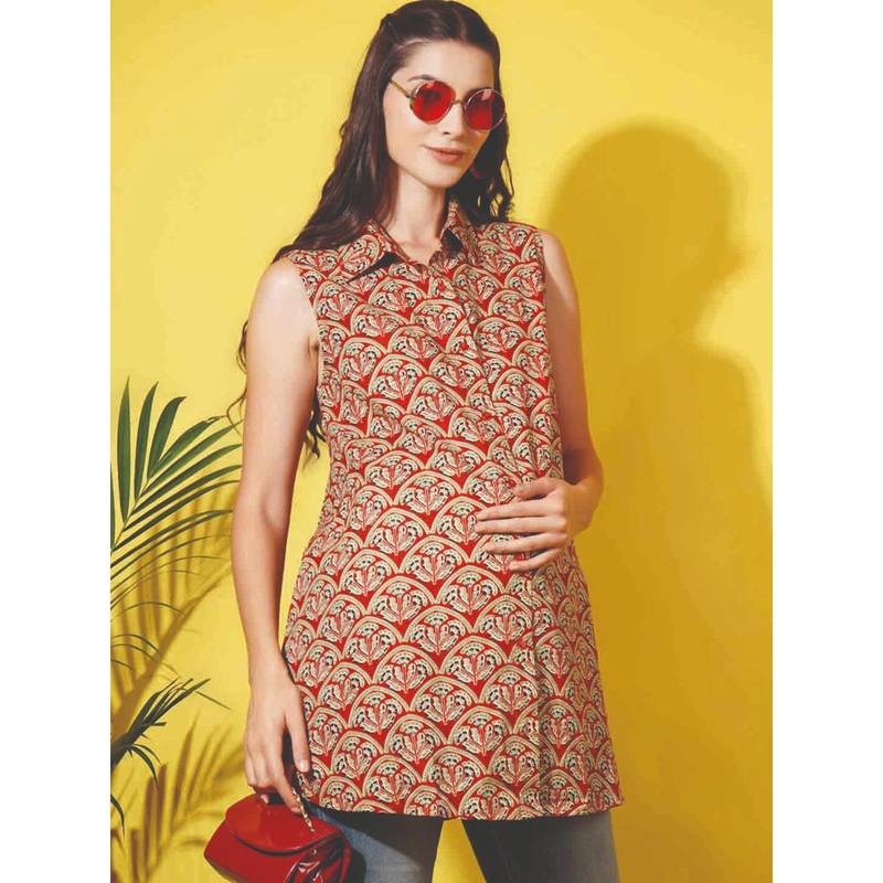 Angloindu Red Printed Sleeveless Maternity Shirt (S)