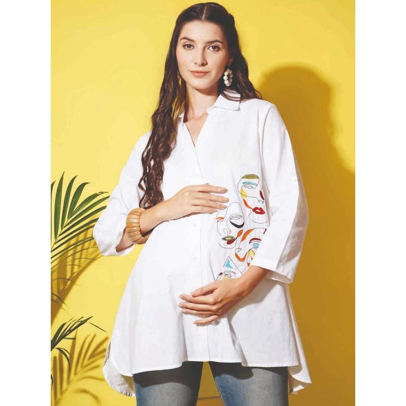 Angloindu White Embroidered Maternity Shirt (S)
