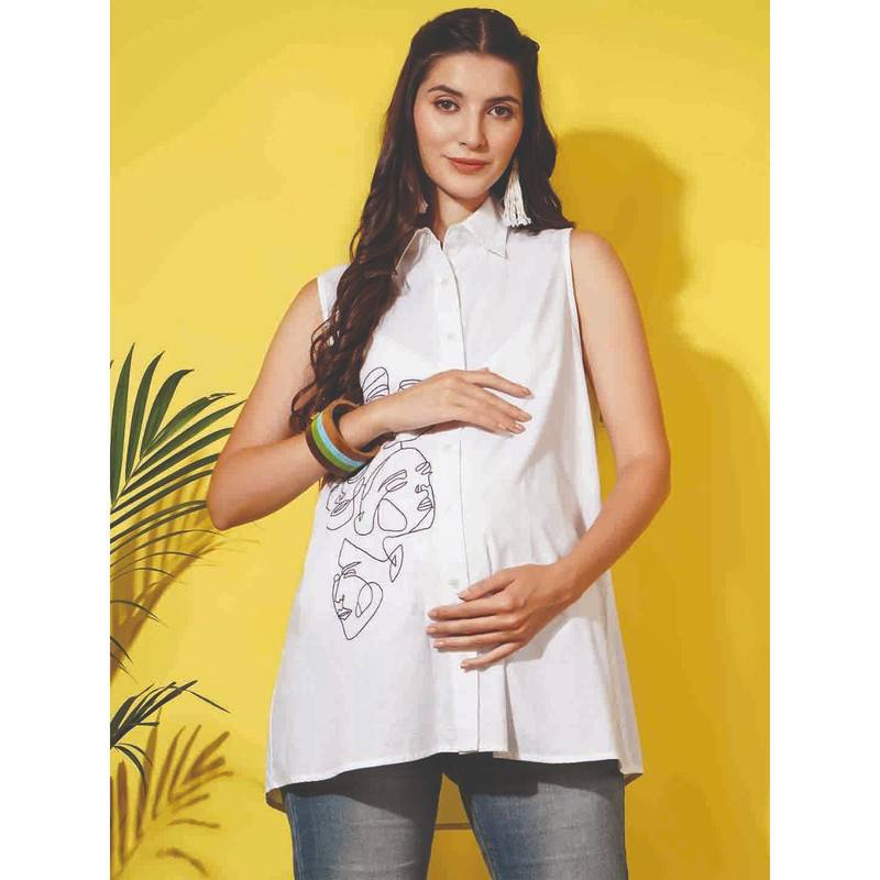 Angloindu White Embroidered Sleeveless Maternity Shirt (S)