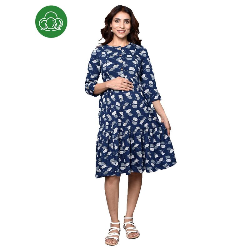 Inner Sense Organic Cotton Knee Length Maternity Dress with 3/4Th Sleeves Navy Blue (M)