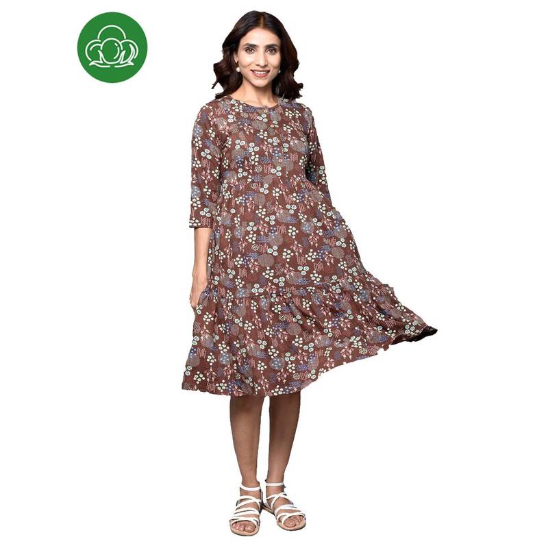 Inner Sense Organic Cotton Knee Length Maternity Dress with 3/4Th Sleeves Brown (L)