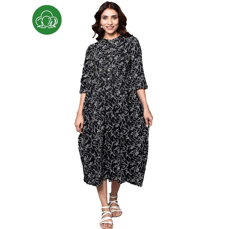 Inner Sense Organic Cotton Full Length Maternity Dress with 3/4Th Sleeves Black (2XL)