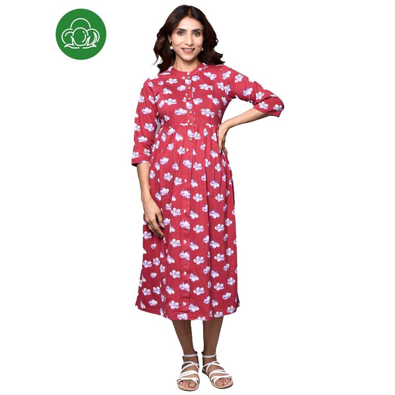 Inner Sense Organic Cotton Full Length Maternity Dress with 3/4Th Sleeves Red (L)