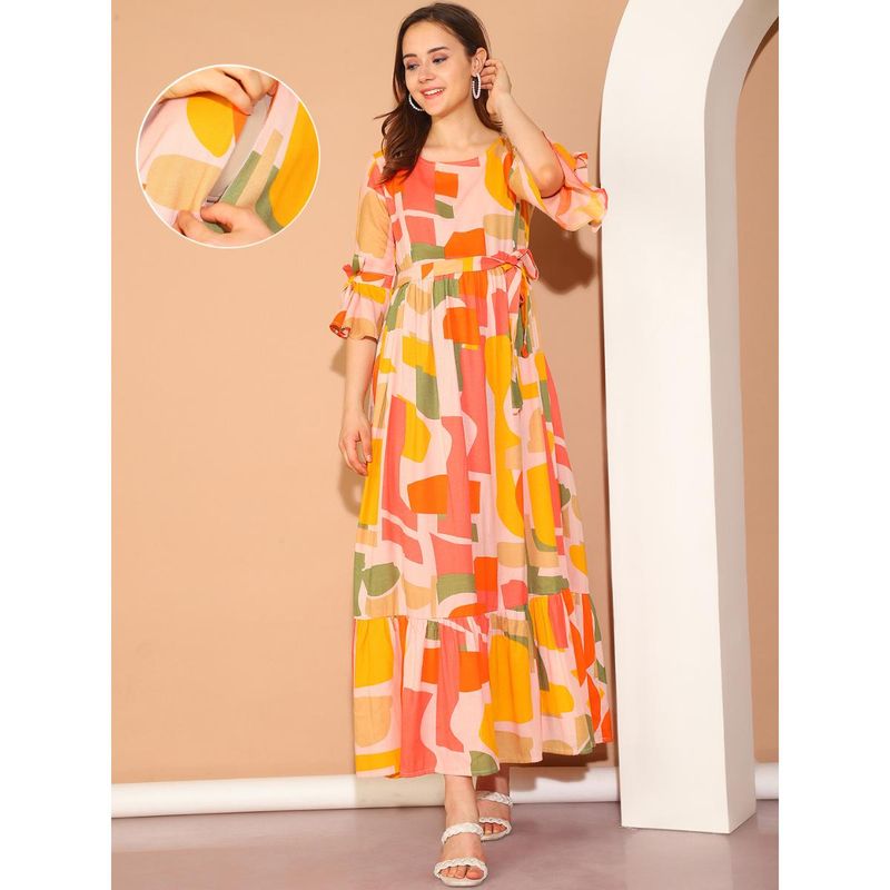 Moms Maternity Womens Geometric Print Cotton Yellow Maternity Maxi Dress Yellow (Set of 2) (2XL)