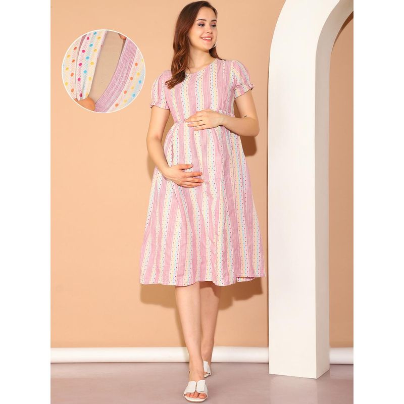 Moms Maternity Womens Ikkat Print Khadi Cotton Pink Maternity Dress Pink (XL)