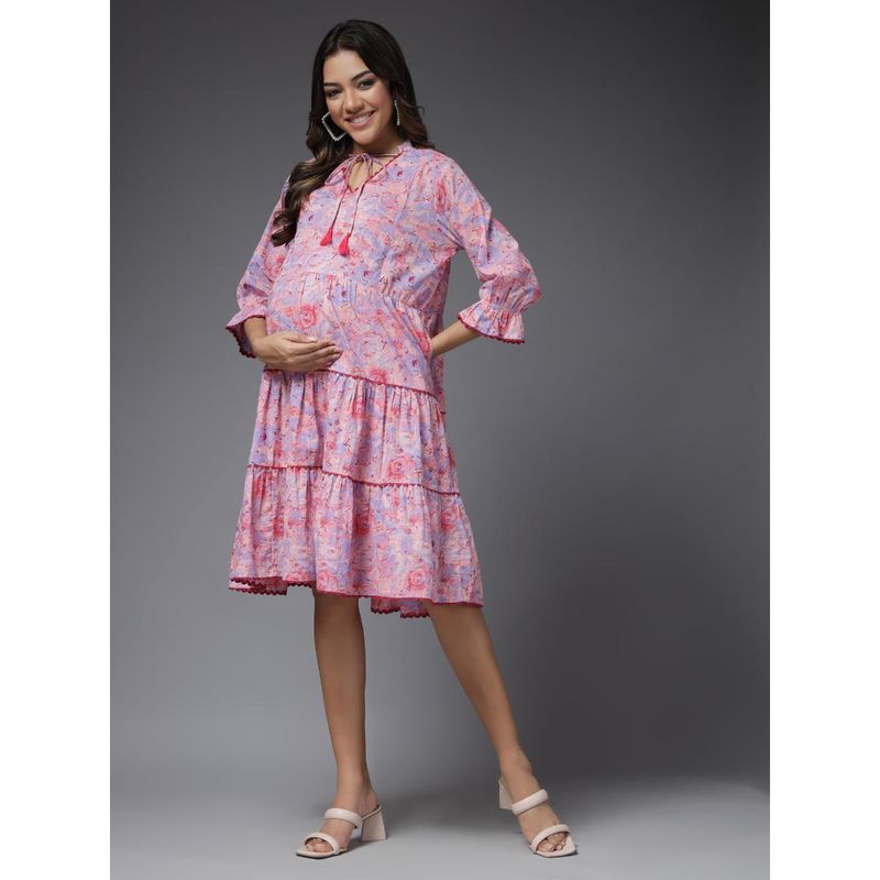Zelena Women Cotton Floral Printed Maternity Feeding Dress with Zip Pink (2XL)