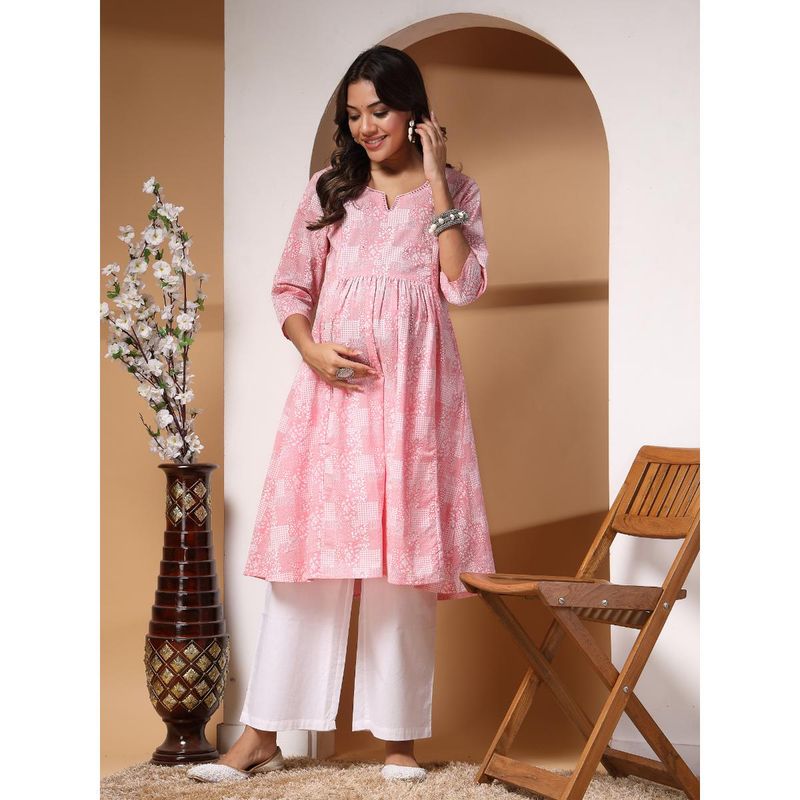 Ofably Katha Maternity Chain Feeding Cotton Kurti - Red & Blue(OFMK129)