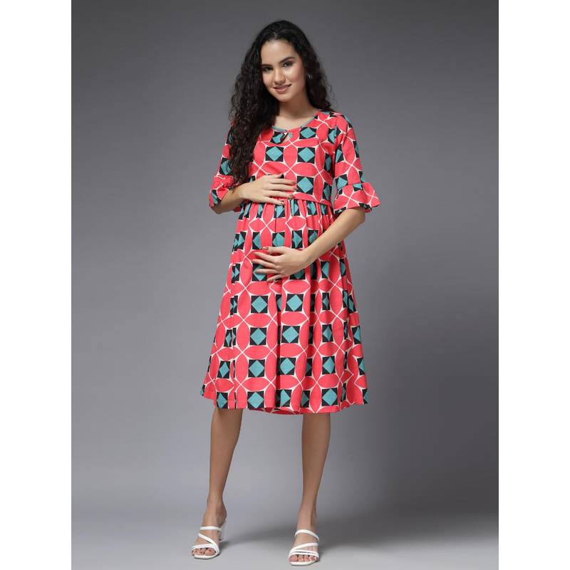 Zelena Women Half Sleeves Cotton Printed Maternity Zipless Feeding Dress Red (L)