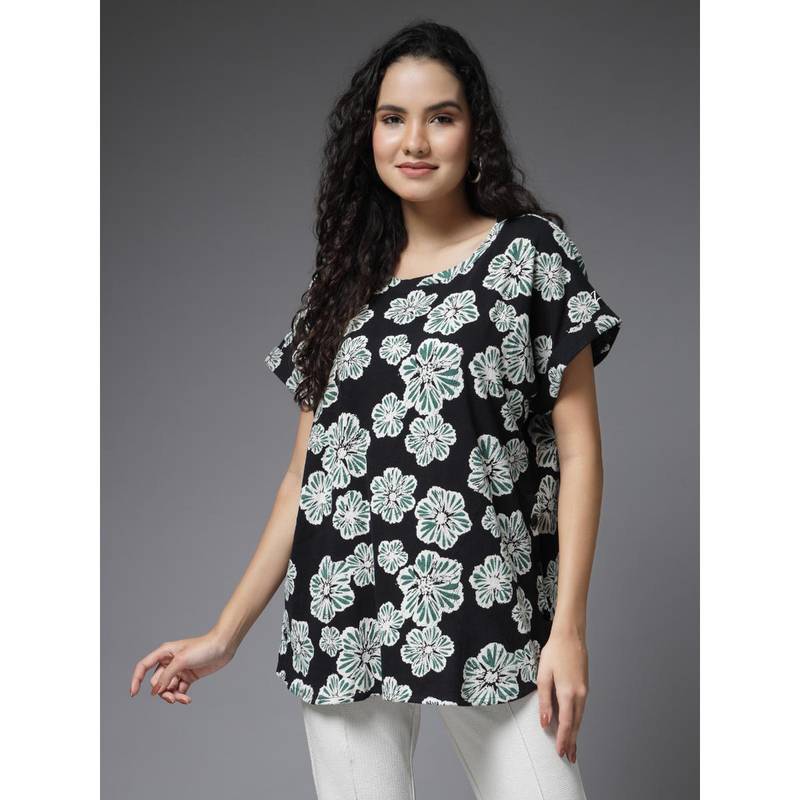 Zelena Women Half Sleeves Cotton Floral Printed Maternity Zipless Feeding Top Black (L)