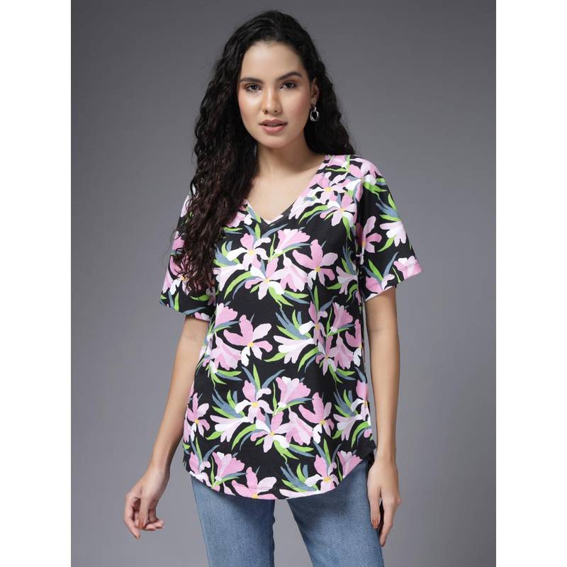 Zelena Women Half Sleeves Cotton Printed Maternity Feeding Top with Zip Black (2XL)