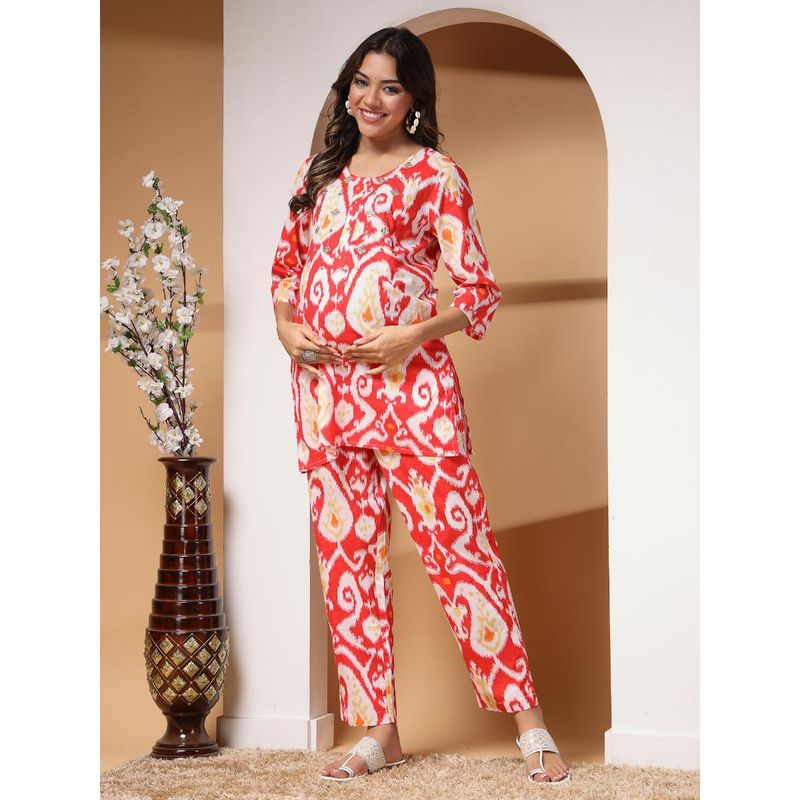Zelena Women Cotton Printed Maternity Feeding Kurta with Pant with Zip Red (Set of 2) (M)