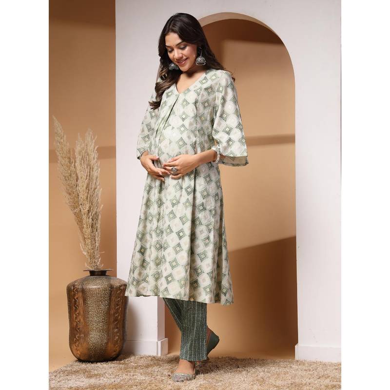 Zelena Women Modal Maternity Zipless Feeding Kurta Pant Green (Set of 2) (L)