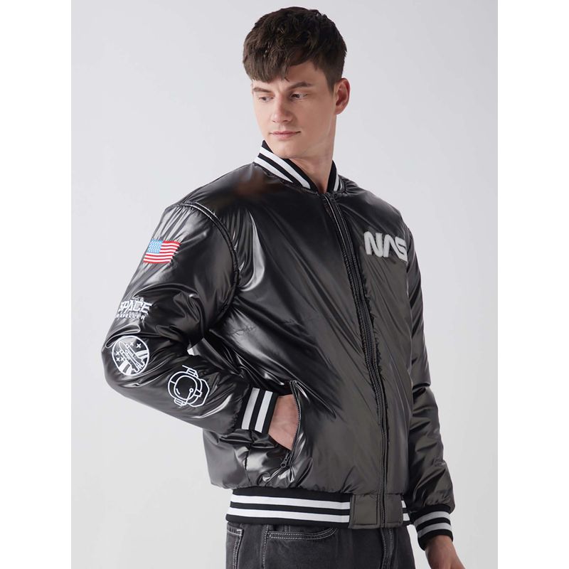 Bewakoof Men's Black Nasa Graphic Printed Oversized Bomber Jacket (M)