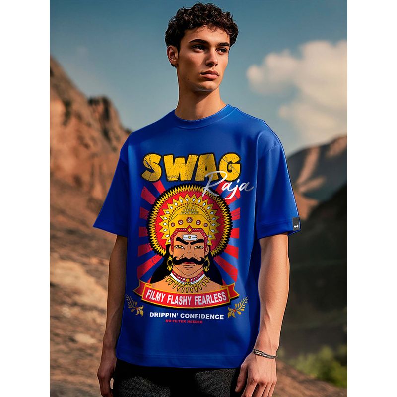 Bewakoof Men's Blue Swag Raja Graphic Printed Oversized T-shirt (S)