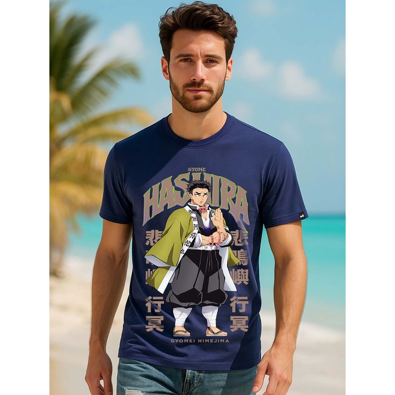 Bewakoof Official Demon Slayer Men's Navy Blue Stone Hashira Graphic Printed T-shirt (S)