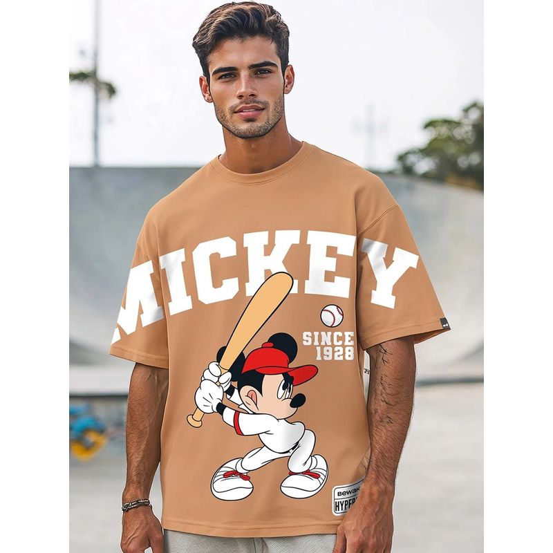 Bewakoof Heavy Duty 1.0 Official Disney Men's Camel Brown Mickey Graphic Printed Oversized T-shirt (L)