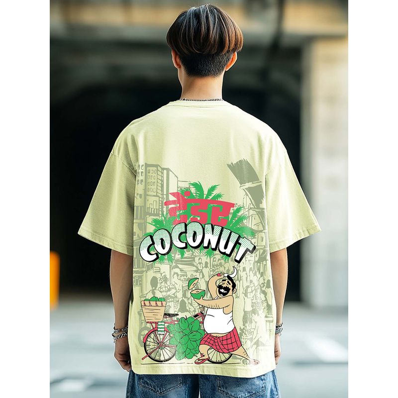 Bewakoof Men's Fog Green Coconut Graphic Printed Oversized T-shirt (L)