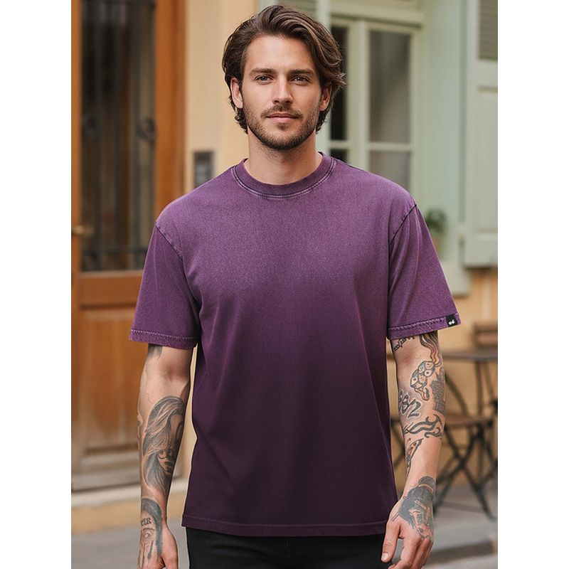Bewakoof Men's Plum Purple Oversized Ombre Acid Wash T-shirt (M)