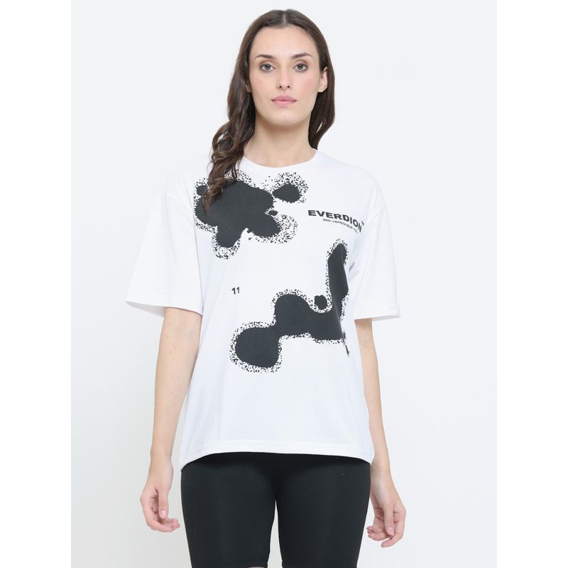 EVERDION White Oversized Drop Shoulder paint splashed T-shirt (XL)