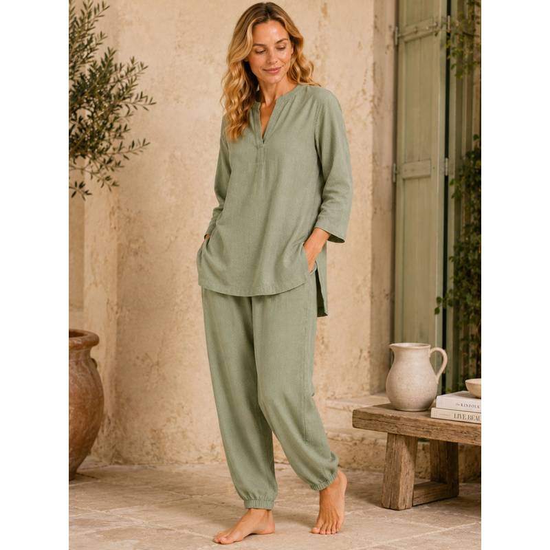 Noite Luxe Green Seagrass Slow Living Linen Blend Lounge Kurta with Pyjama (XS)