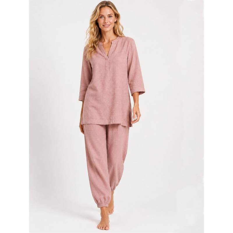 Noite Luxe Pink Slow Living Linen Blend Lounge Kurta with Pyjama (XS)