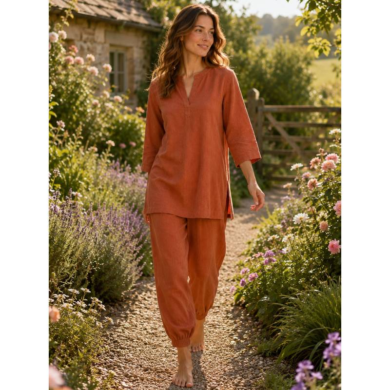 Noite Luxe Rust Potter's Clay Slow Living Linen Blend Lounge Kurta with Pyjama (XS)