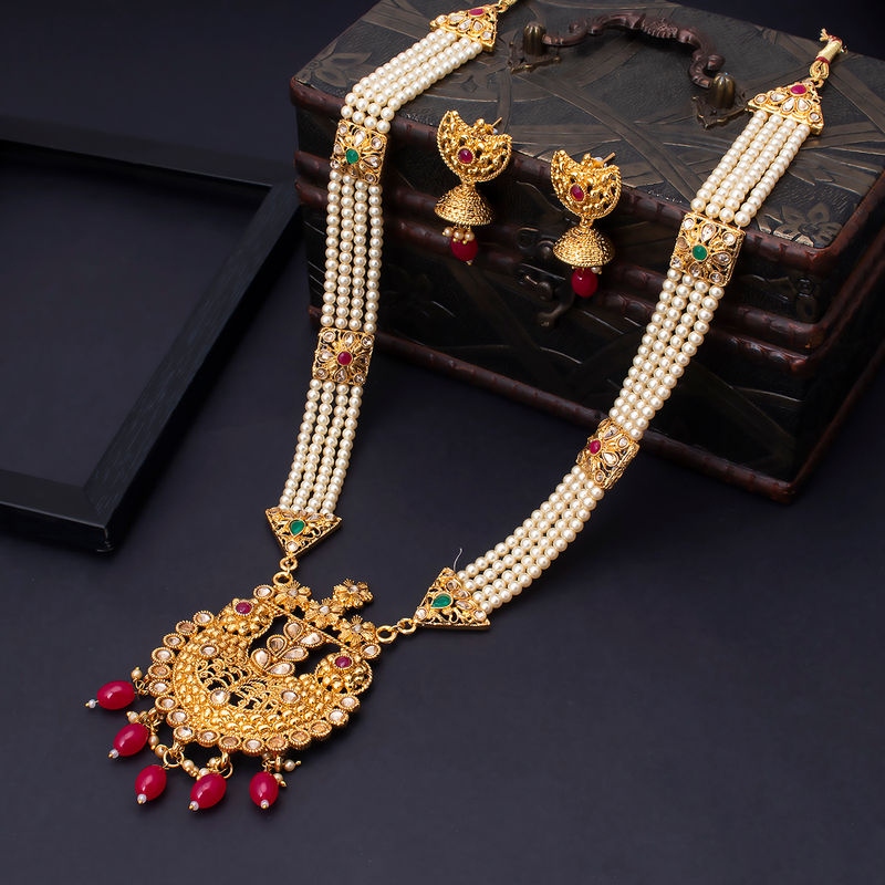 Pearl long necklace designs in gold new arrivals