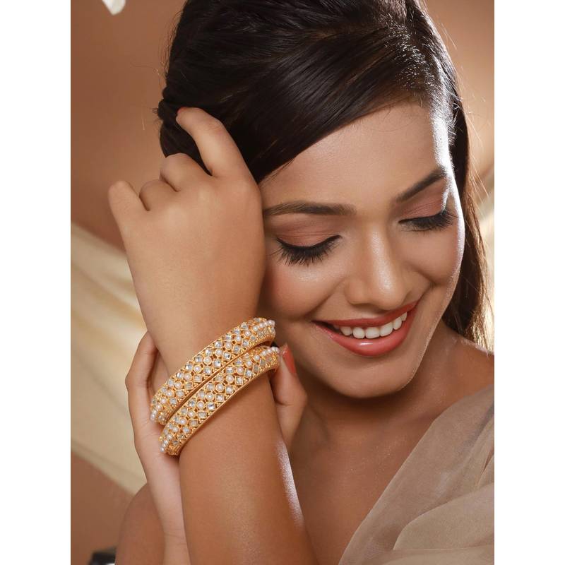Gahan Pack of 2 Gold-Toned Pearl Beaded & CZ Embellished Bangles (2.4)