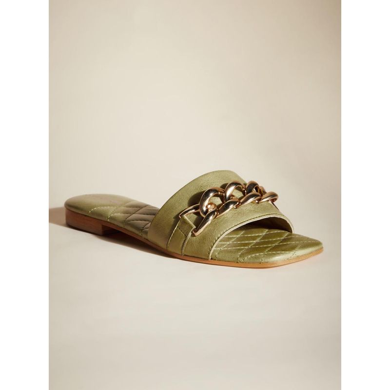 Peach Flores Women Olive Leather Flats (EURO 36)