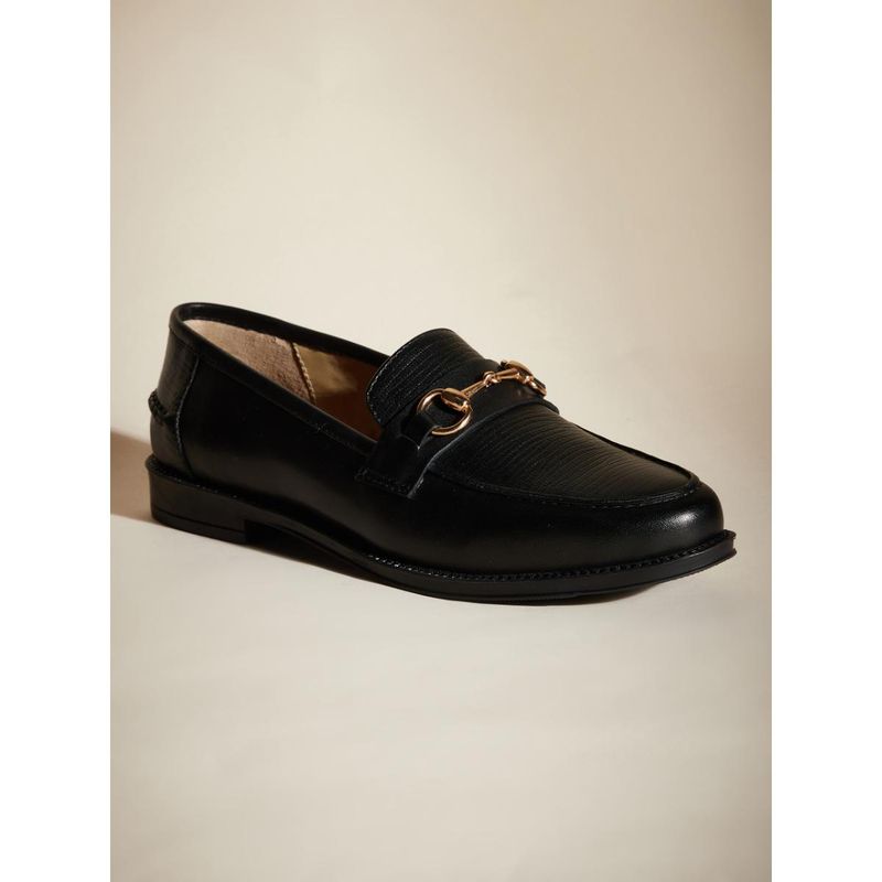 Peach Flores Women Black Leather Loafers (EURO 36)