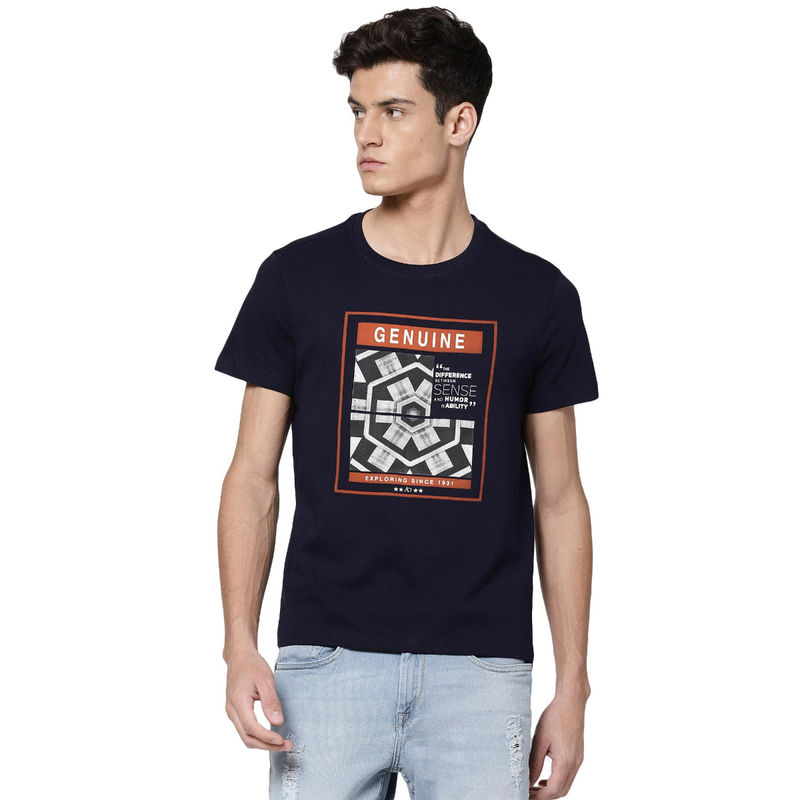 AD By Arvind Navy Blue Crew Neck Modern Fit Printed T-Shirts (S)