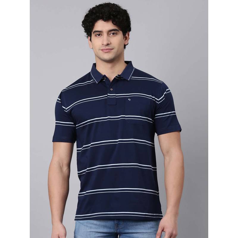 Classic Polo Navy Blue Stripes Collar Neck Polo T-Shirt (L)