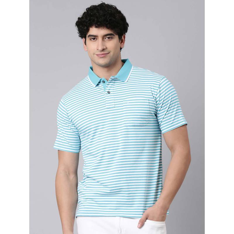 Classic Polo Blue Stripes Collar Neck Polo T-Shirt (2XL)