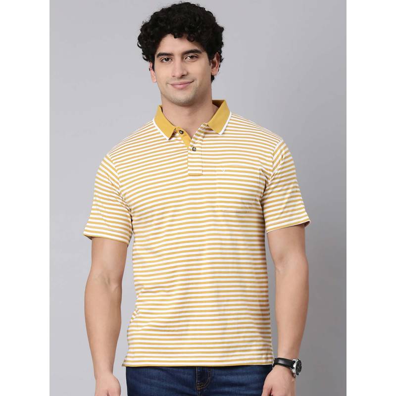 Classic Polo Yellow Stripes Collar Neck Polo T-Shirt (L)