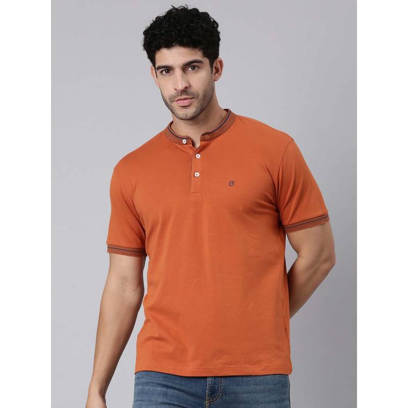 Classic Polo Rust Solid/Plain Mandarin Neck T-Shirt (2XL)