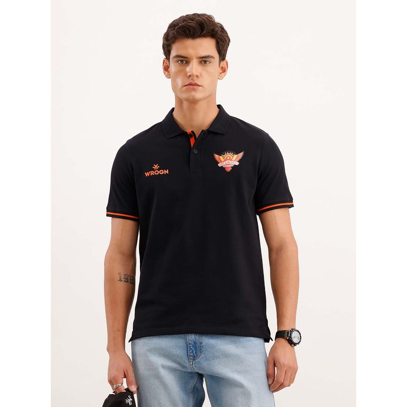 WROGN Black Solid/Plain Collar Neck Polo T-Shirt (S)