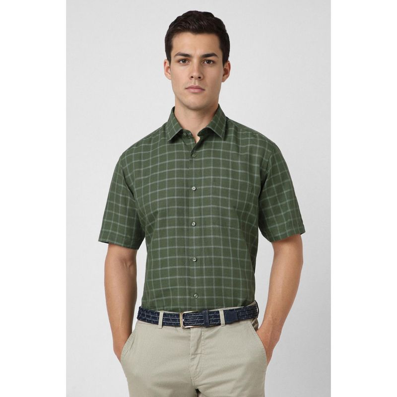 Van Heusen Men Green Regular Fit Checks Half Sleeves Formal Shirt (42)