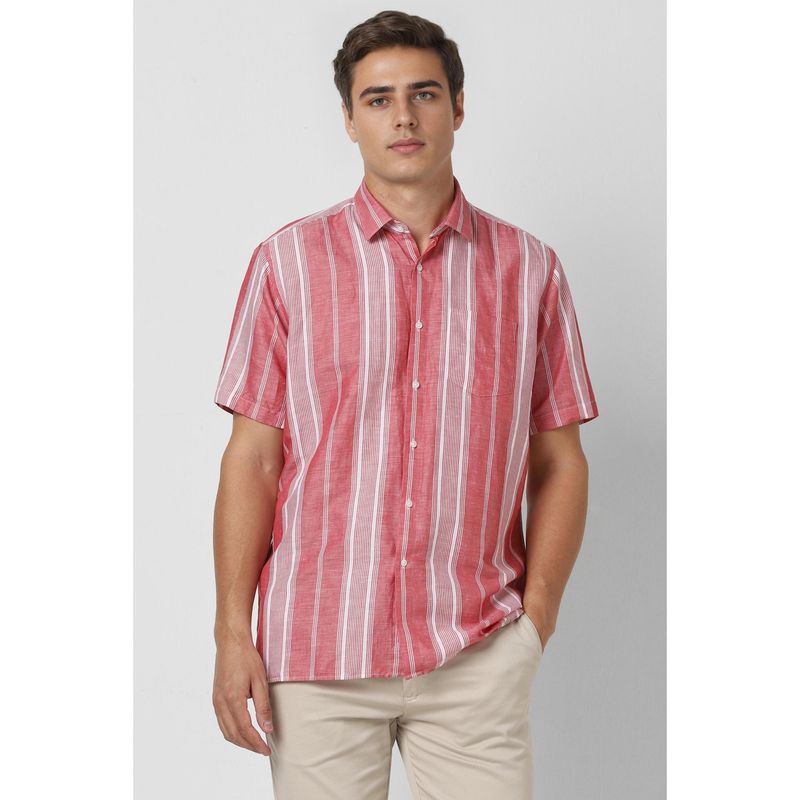 Van Heusen Men Red Regular Fit Stripes Half Sleeves Casual Shirt (42)
