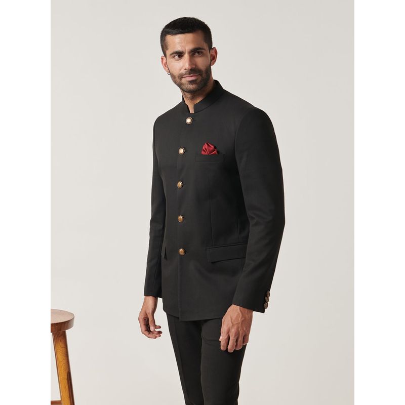 MR BUTTON Black Slim Fit Bandhgala (L)