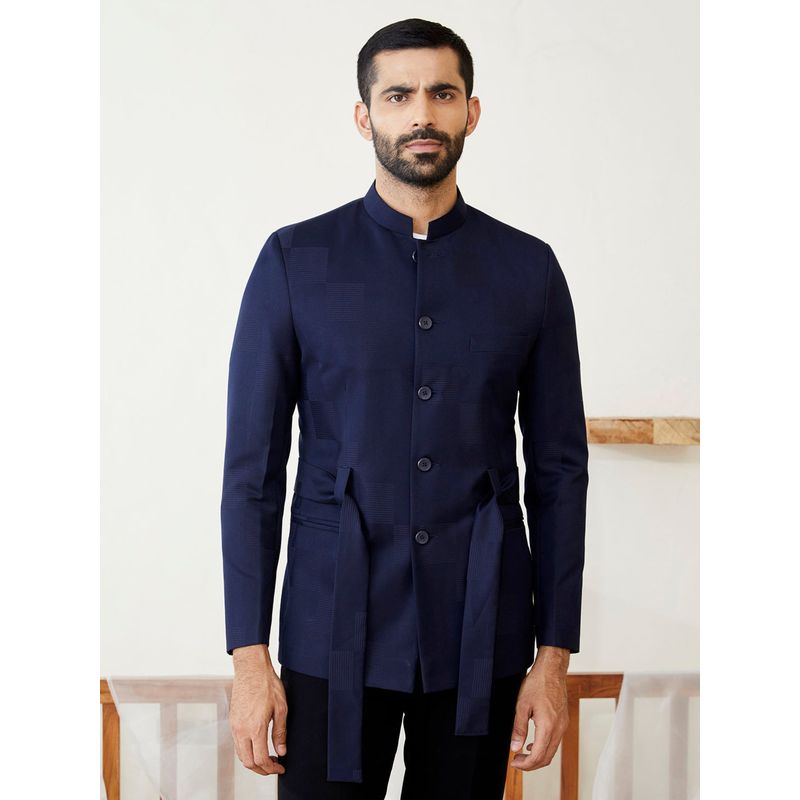 MR BUTTON Men Navy Blue Tailored Fit Bandhgala with Belt (S)