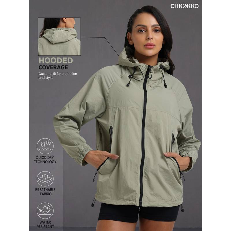 Buy CHKOKKO Green Women Activewear Full Zip Windcheater Jacket Online