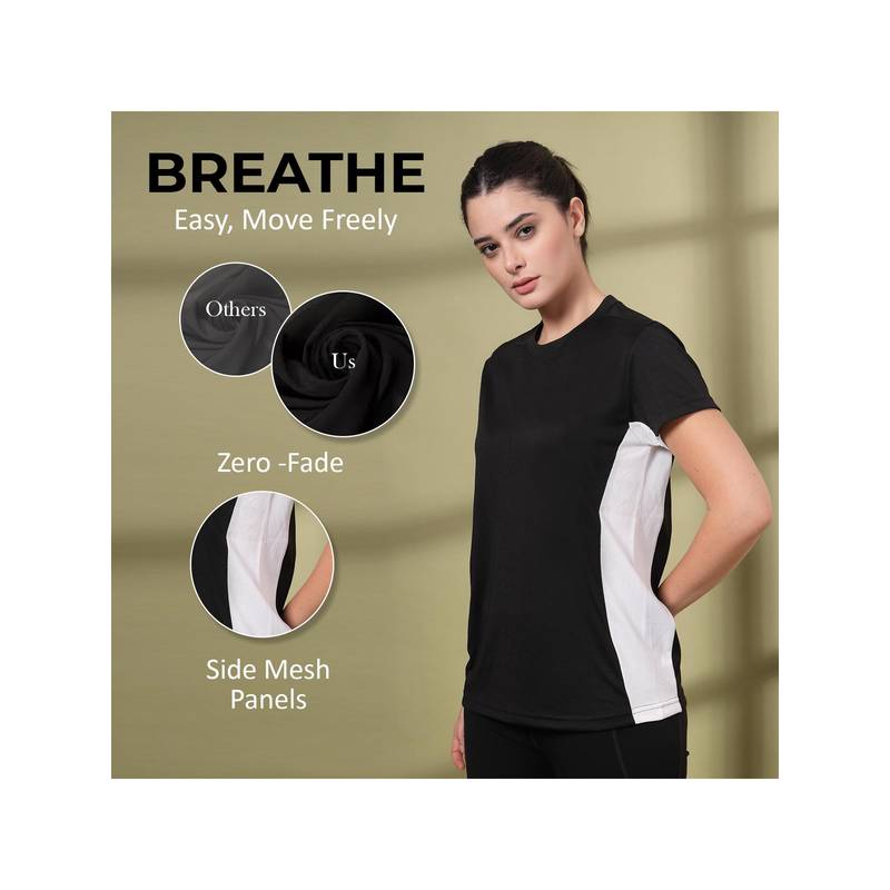 CHKOKKO Womens Mesh Gym T-Shirt Dry Fit Breathable Yoga Running Workout Black (L)