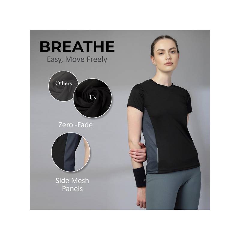 CHKOKKO Womens Mesh Gym T-Shirt Dry Fit Breathable Yoga Running Workout Black (L)