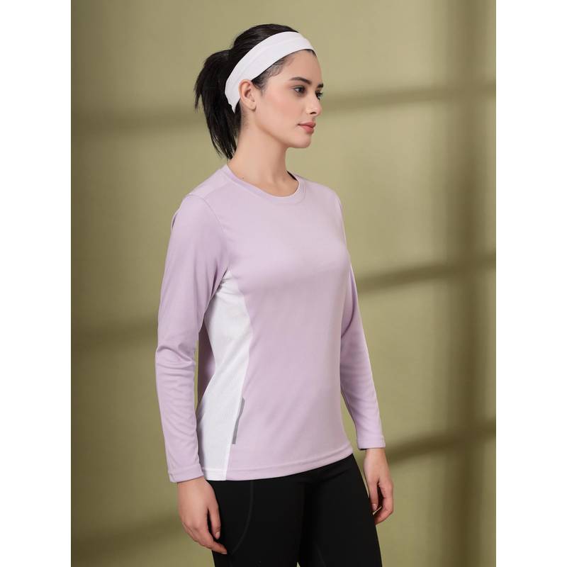 CHKOKKO Womens Full Sleeve Dry Fit Gym T-Shirt, Breathable Mesh Workout Top Lavender (S)