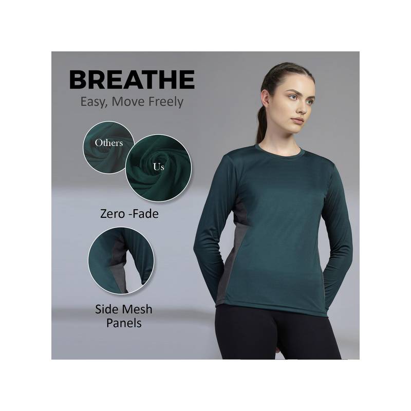 CHKOKKO Womens Full Sleeve Dry Fit Gym T-Shirt, Breathable Mesh Workout Top Green (2XL)