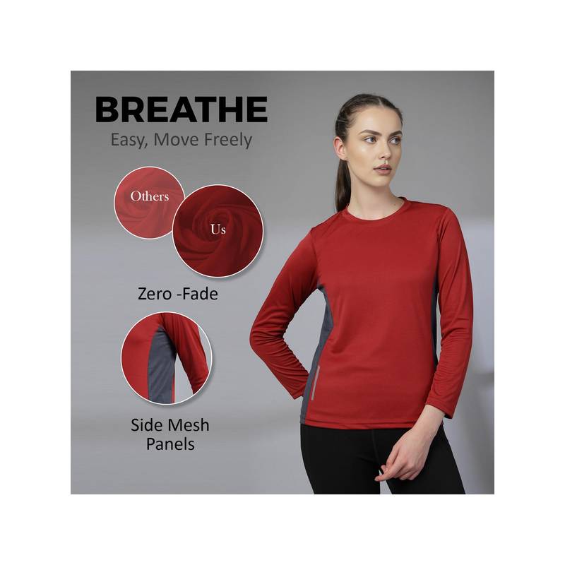 CHKOKKO Womens Full Sleeve Dry Fit Gym T-Shirt, Breathable Mesh Workout Top Maroon (XL)