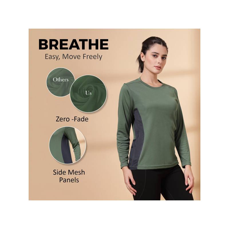CHKOKKO Womens Full Sleeve Dry Fit Gym T-Shirt, Breathable Mesh Workout Top Green (M)