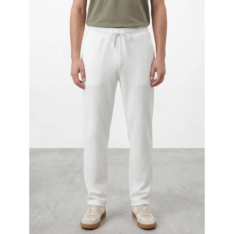 R&B Men's White Polyester Regular Fit Textured Casual Trouser (30)