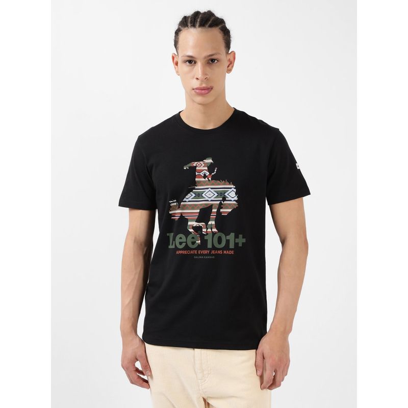 Lee Men Graphic Print Black Crew Neck T-Shirt (Slim) (S)